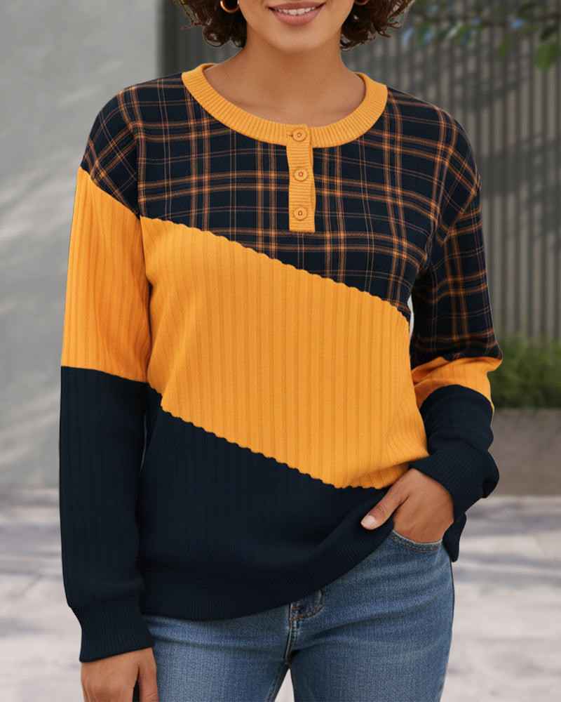 Long-Sleeve Color-Block Hoodie with Crew Neck and Plaid Design