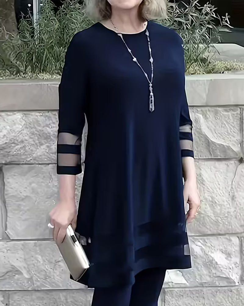 Round Neck Top with Solid Color Patchwork Design