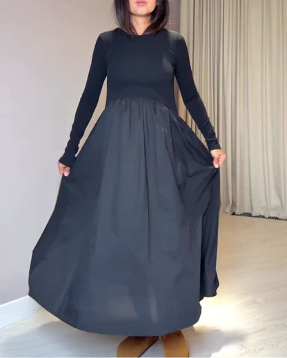 Chic Patchwork Dress with Round Neckline