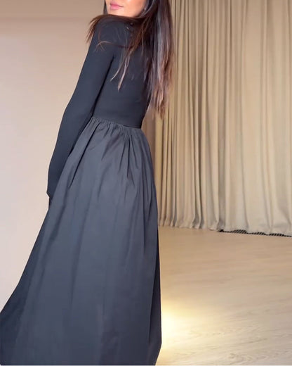 Chic Patchwork Dress with Round Neckline