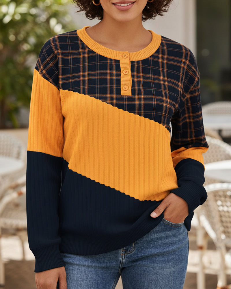 Long-Sleeve Color-Block Hoodie with Crew Neck and Plaid Design