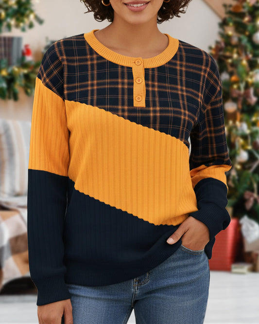 Long-Sleeve Color-Block Hoodie with Crew Neck and Plaid Design