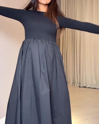 Chic Patchwork Dress with Round Neckline