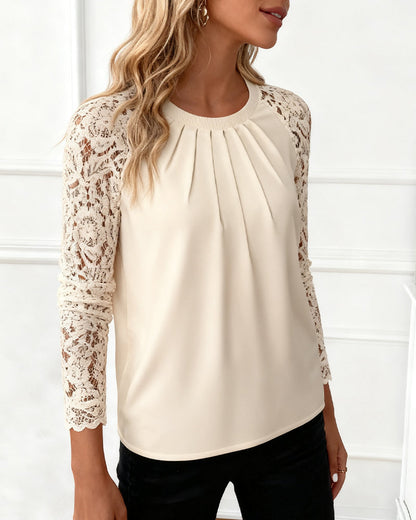 Pleated Lace Patchwork Top with Round Neck