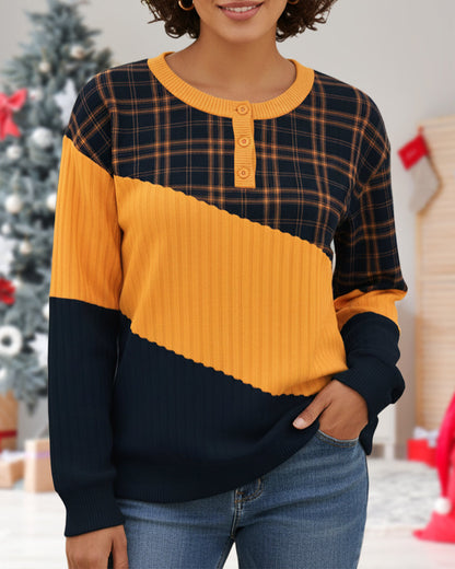 Long-Sleeve Color-Block Hoodie with Crew Neck and Plaid Design