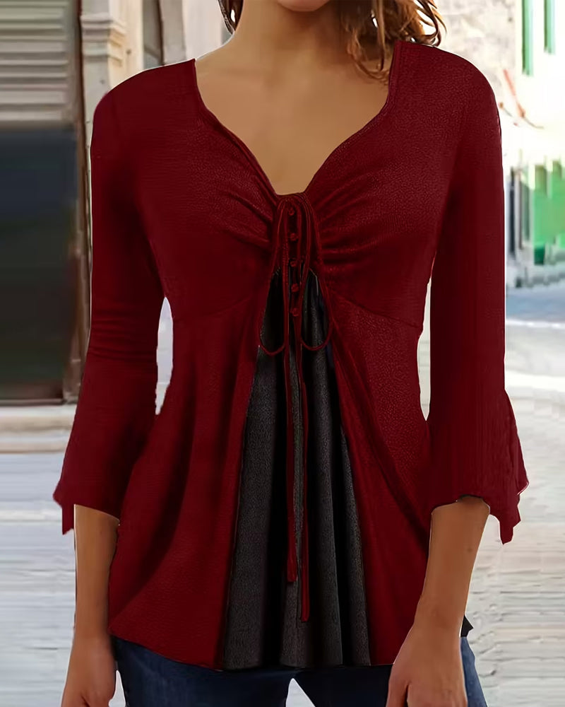 Bell-Sleeve Top with Bow Tie Detail