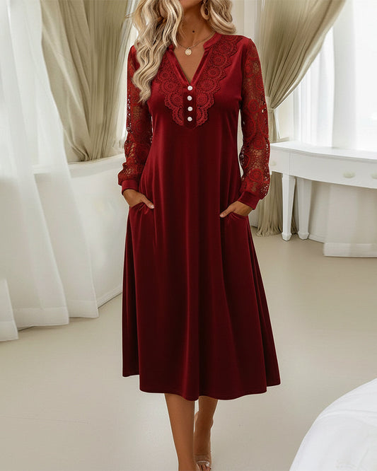 Velvet V-Neck Dress with Lace Long Sleeves