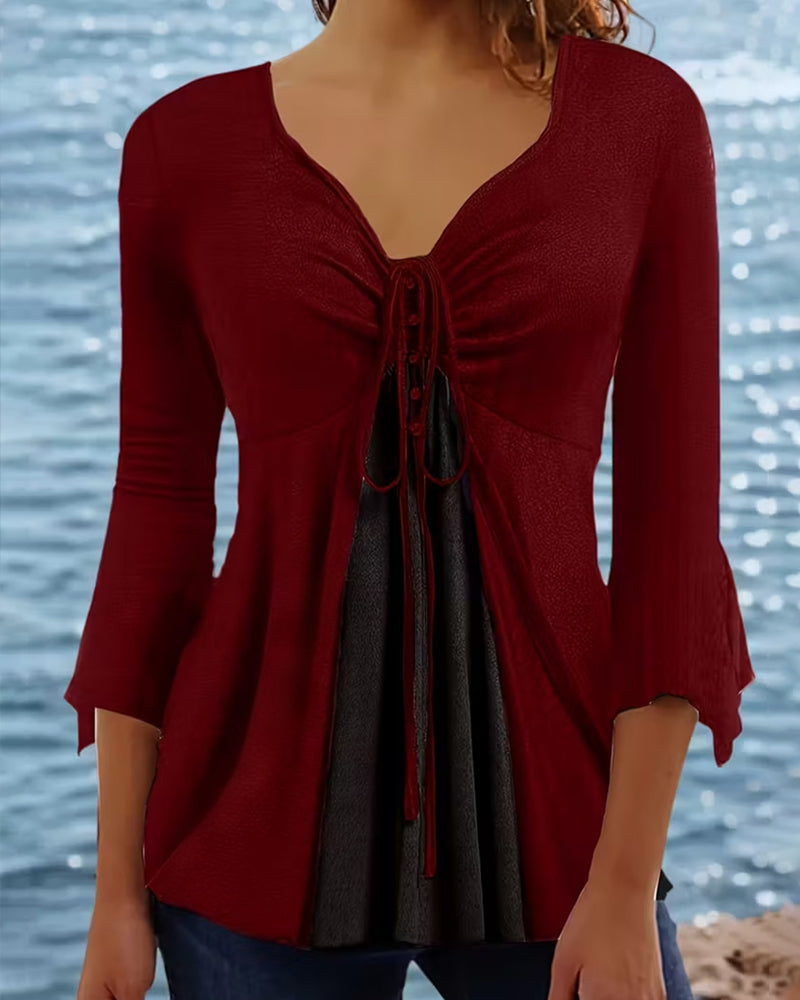 Bell-Sleeve Top with Bow Tie Detail