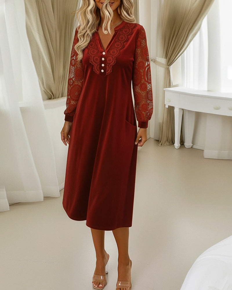 Velvet V-Neck Dress with Lace Long Sleeves