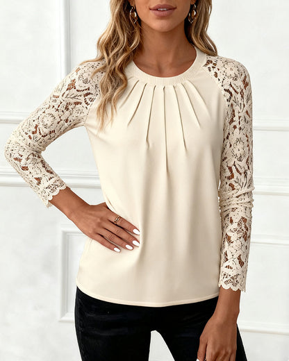 Pleated Lace Patchwork Top with Round Neck