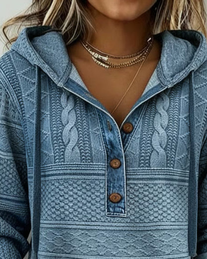 Denim Patchwork Hoodie with Cable Knit Design
