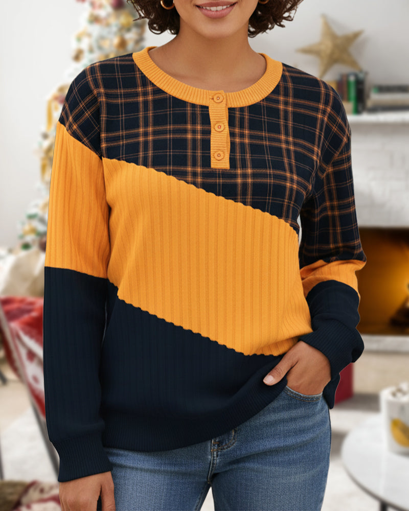 Long-Sleeve Color-Block Hoodie with Crew Neck and Plaid Design