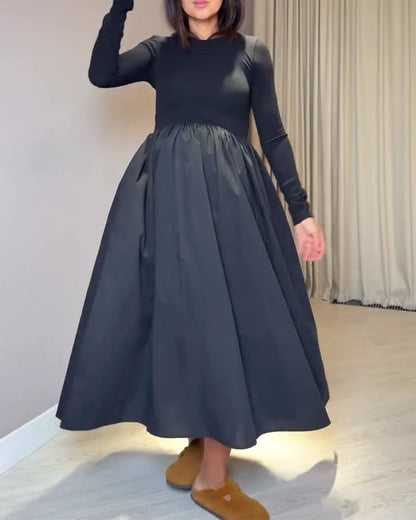 Chic Patchwork Dress with Round Neckline