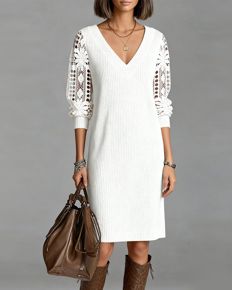Lace V-Neck Dress with Long Sleeves