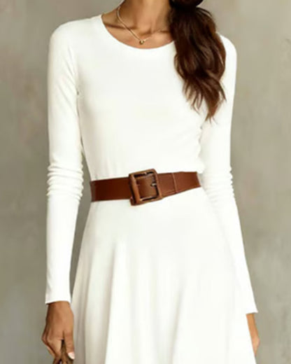 Chic Solid Color Round Neck A-Line Dress