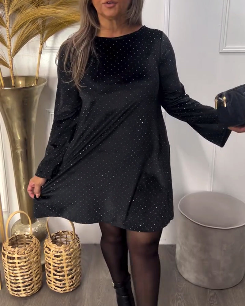 Rhinestone-Embellished Round Neck Dress