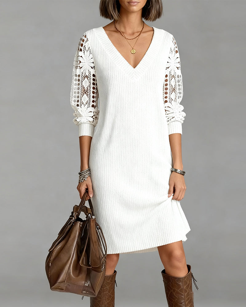 Lace V-Neck Dress with Long Sleeves