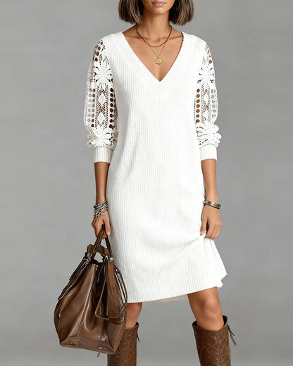 Lace V-Neck Dress with Long Sleeves